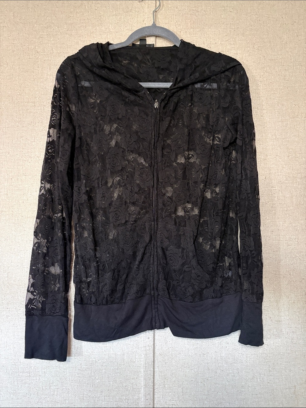 Black Lace Zip Up Hoodie Women's Large by Iris Basic Floral Sheer Goth Y2K Boho